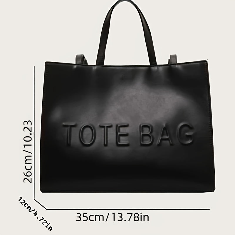 Stylish Black Tote Bag with "TOTE BAG" Embossed Design – Large Capacity Shoulder Handbag for Women, Perfect for Commuting and Casual Outings, Snap Button Closure